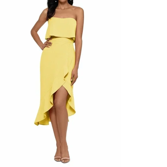 Xscape Women's Dress Yellow Size 6 Strapless Crepe Ruffled High-Low - Picture 3 of 6